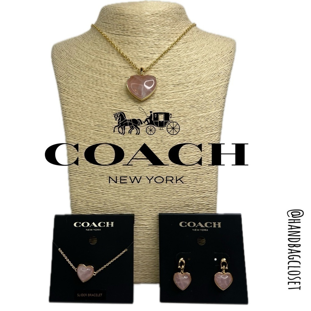 Coach Heart Carved Pink Quartz Necklace Earring and Bracelet Set - Picture 16 of 16